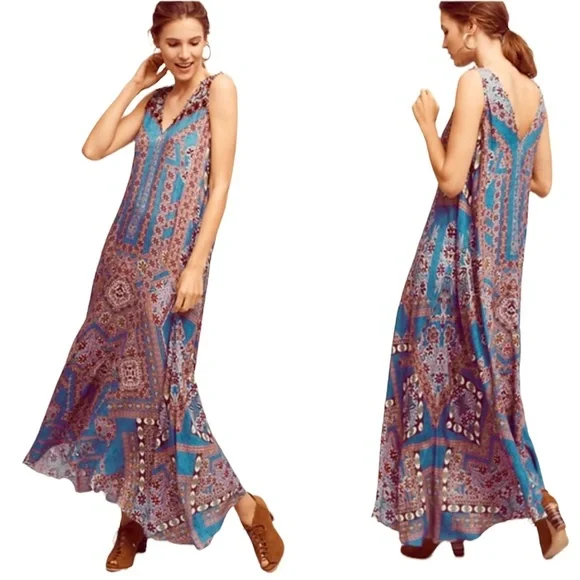 Anthropologie Hemant & Nandita Zarna Maxi Dress Teal S - Picture 2 of 15